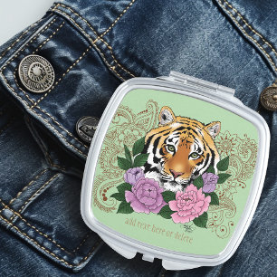 Tiger Floral Henna Botanical Flowers Green Compact Mirror