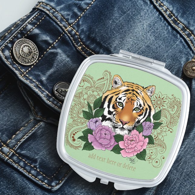 Tiger Floral Henna Botanical Flowers Green Compact Mirror (Creator Uploaded)