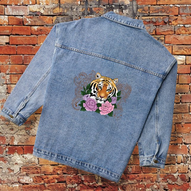Tiger Floral Henna Botanical Flowers Green Denim Jacket (Creator Uploaded)