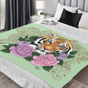 Tiger Floral Henna Botanical Flowers Green Fleece Blanket