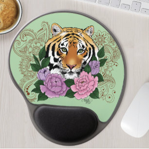 Tiger Floral Henna Botanical Flowers Green Gel Mouse Pad