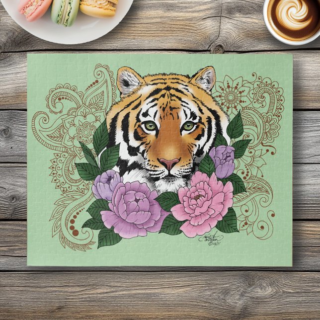 Tiger Floral Henna Botanical Flowers Green Jigsaw Puzzle (Creator Uploaded)