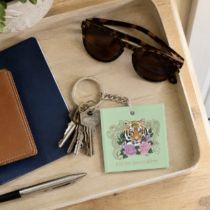 Tiger Floral Henna Botanical Flowers Green Keychain