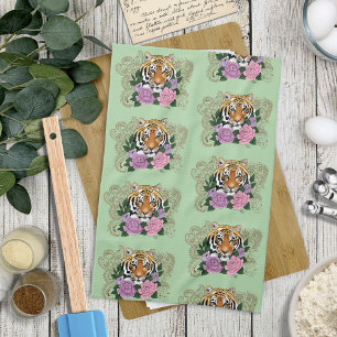 Tiger Floral Henna Botanical Flowers Green Kitchen Towel