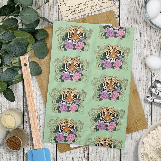 Tiger Floral Henna Botanical Flowers Green Kitchen Towel (Creator Uploaded)