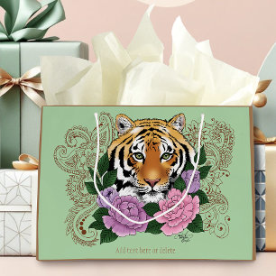 Tiger Floral Henna Botanical Flowers Green Large Gift Bag