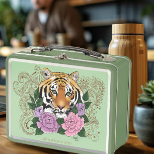 Tiger Floral Henna Botanical Flowers Green Metal Lunch Box
