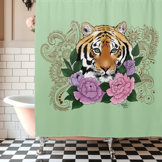 Tiger Floral Henna Botanical Flowers Green Shower Curtain (Creator Uploaded)