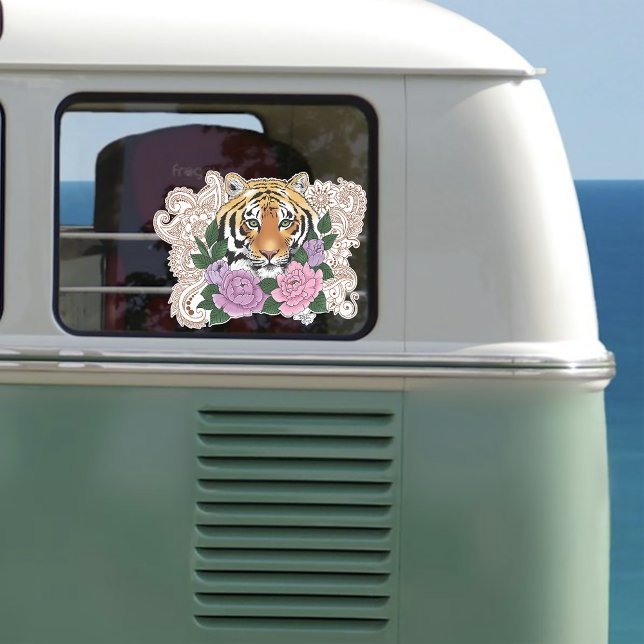 Tiger Floral Henna Botanical Flowers Green Sticker (Creator Uploaded)