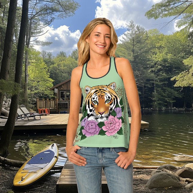Tiger Floral Henna Botanical Flowers Green Tank Top (Creator Uploaded)