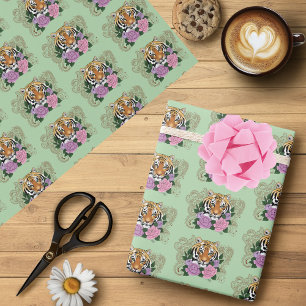 Tiger Floral Henna Botanical Flowers Green Wrapping Paper