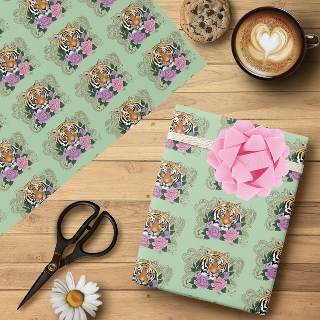 Tiger Floral Henna Botanical Flowers Green Wrapping Paper (Creator Uploaded)
