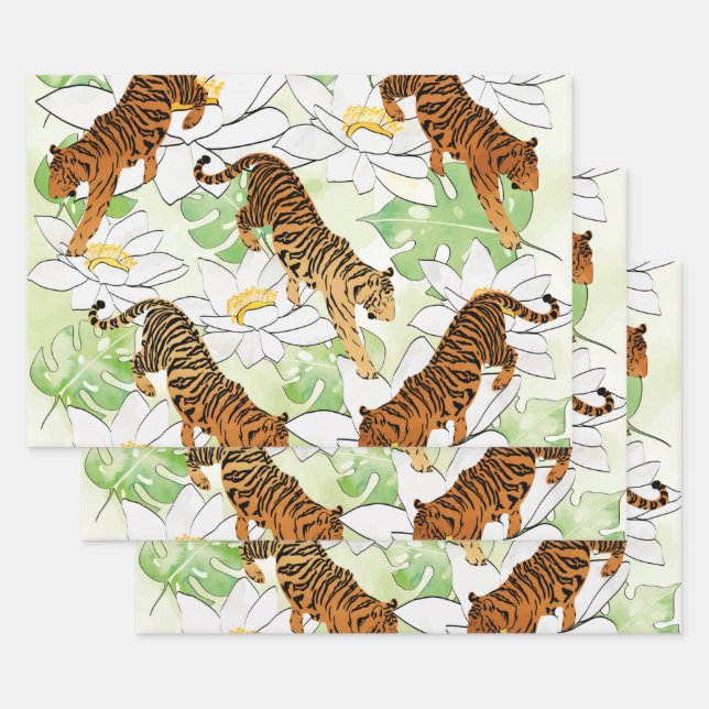 Tiger flower watercolor pattern wrapping paper sheets (Set)