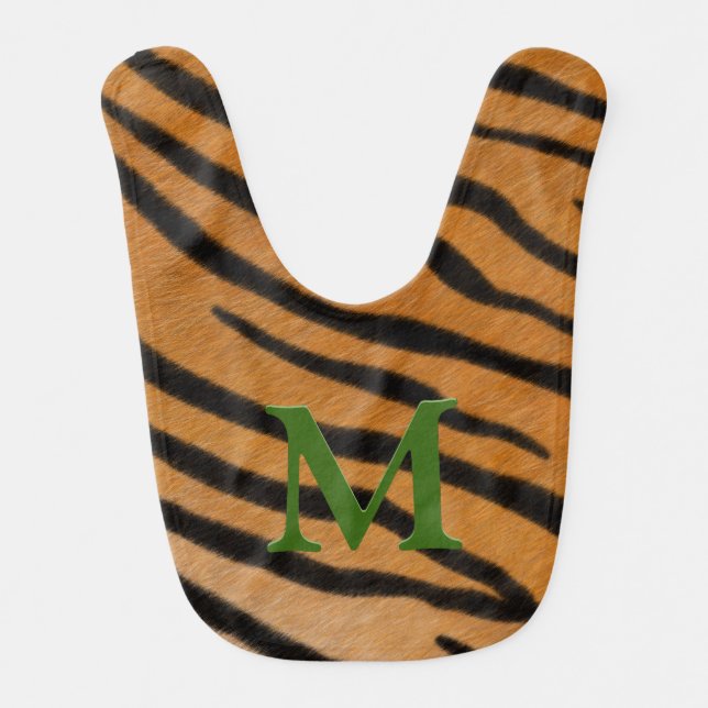 Tiger Fur Personalized Blue Monogram Animal Stripe Baby Bib (Front)