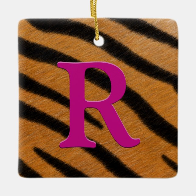 Tiger Fur Personalized Monogram & Message Magenta Ceramic Ornament (Front)