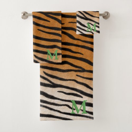 Tiger Fur Realistic Animal Print Green Monogram Bath Towel Set