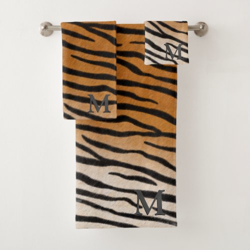 Tiger Fur Realistic Animal Print Grey Monogram Bath Towel Set