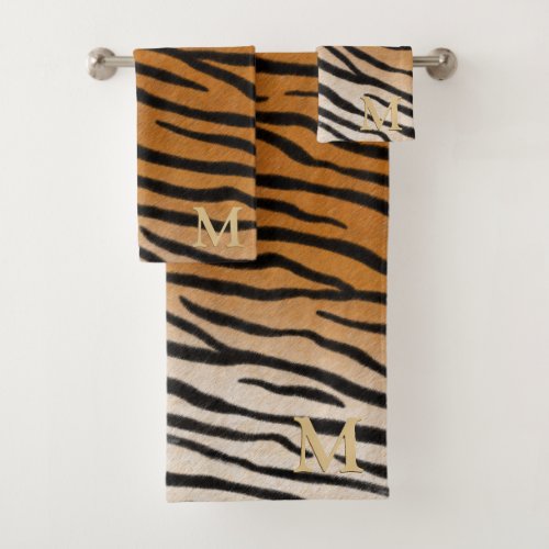 Tiger Fur Realistic Animal Print Tan Monogram Gift Bath Towel Set