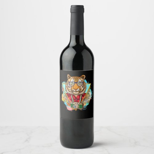 Tiger Gift  Funny Tiger Hipster Photographer Gift Wine Label