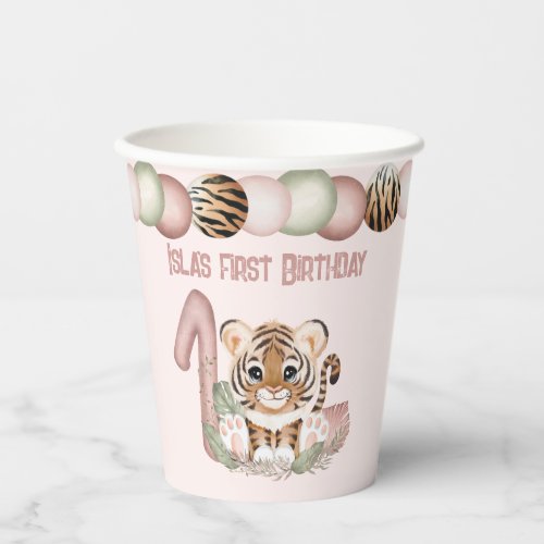 Tiger Girl Pink 1st Birthday Safari Theme Paper Cups