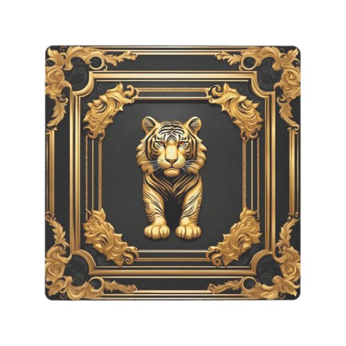 Tiger gold and black ornamental frame metal print