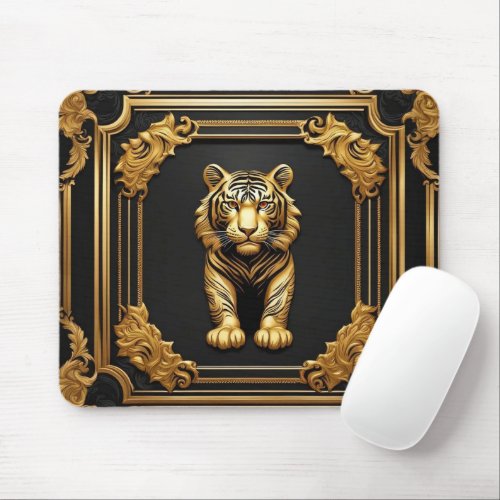 Tiger gold and black ornamental frame mouse pad