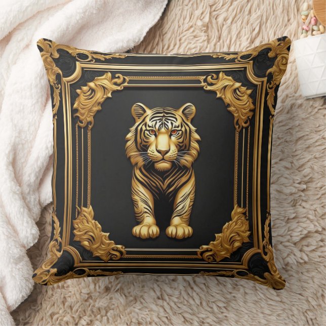 Tiger gold and black ornamental frame throw pillow (Blanket)