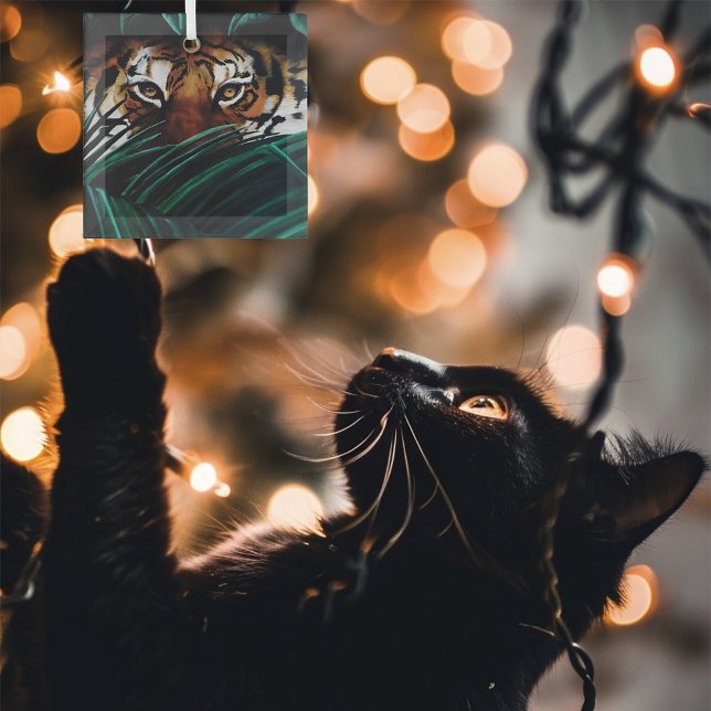 Tiger Green Jungle Leaves Glass Ornament (Creator Uploaded)