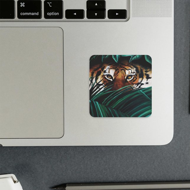 Tiger Green Jungle Leaves Square Sticker (Creator Uploaded)