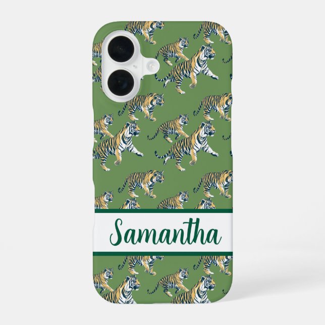 Tiger Green Pattern Personalized name Iphone Case (Back)