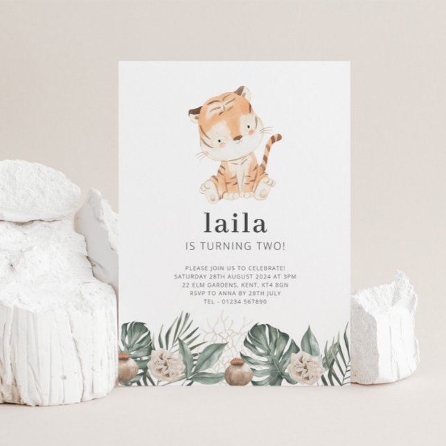 Tiger Greenery Floral Birthday Invitation (Creator Uploaded)