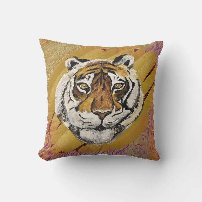 Tiger Hand Painted Face  Outdoor Pillow (Front)