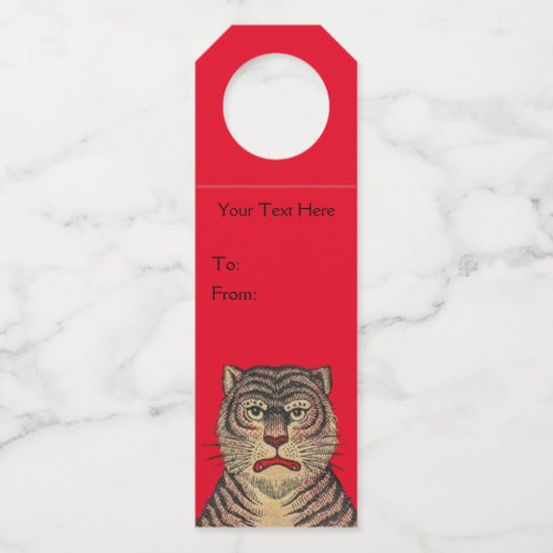 Tiger Head Black Stripes Fierce Face Vibrant Red Bottle Hanger Tag