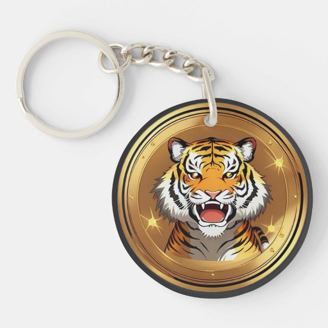 Tiger Head Emblem on a Golden Circular Background Keychain (Front)