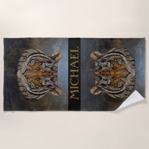 Tiger Head, Face, Leather Look Beach Towel