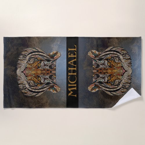 Tiger Head Face Leather Look   Beach Towel