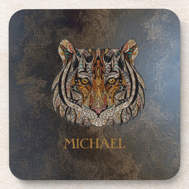 Tiger Head, Face, Leather Look   Beverage Coaster (Front)
