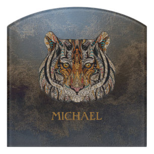 Tiger Head, Face, Leather Look   Door Sign