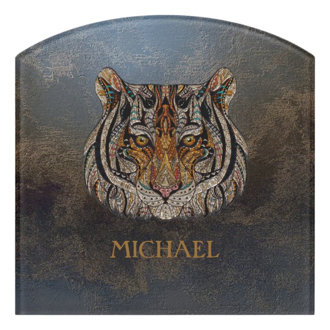 Tiger Head, Face, Leather Look   Door Sign (Contour Front)
