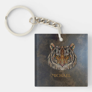 Tiger Head, Face, Leather Look Keychain