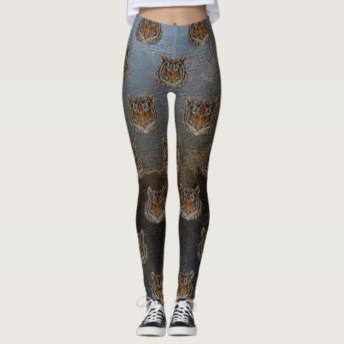 Tiger Head Face Leather Look Leggings