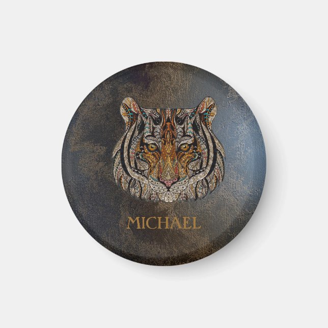 Tiger Head, Face, Leather Look   Magnet (Front)