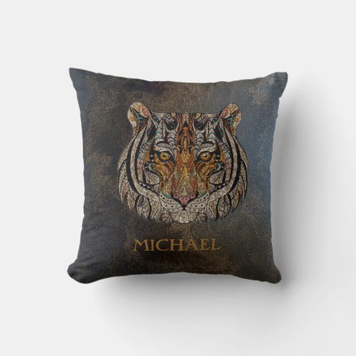 Tiger Head Face Leather Look   Throw Pillow