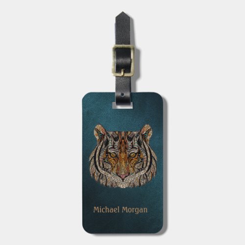 Tiger Head Green Leather Look Luggage Tag