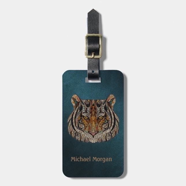 Tiger Head Green Leather Look Luggage Tag (Front Vertical)