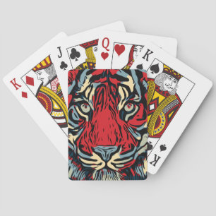 Tiger Head In Red And Blue Poker Cards