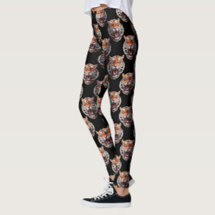 Tiger Head Pattern Design - Black Leggings