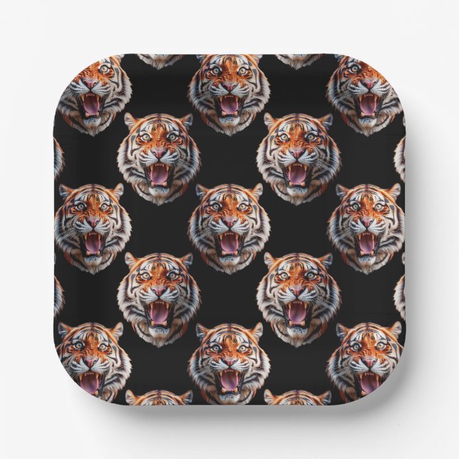 Tiger Head Pattern Design - Black   Paper Plates (Front)