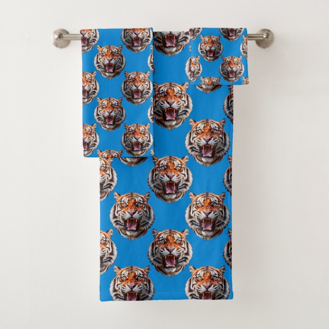 Tiger Head Pattern Design Blue  Bath Towel Set (Insitu)