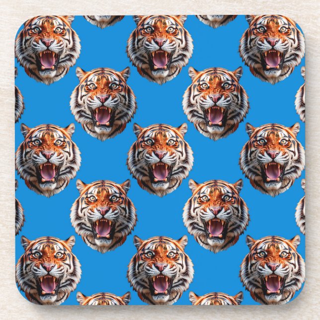 Tiger Head Pattern Design Blue  Beverage Coaster (Front)
